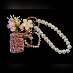 Elegant Pink Beaded Flower Vase Keychain | Pearl Handle Bag Charm